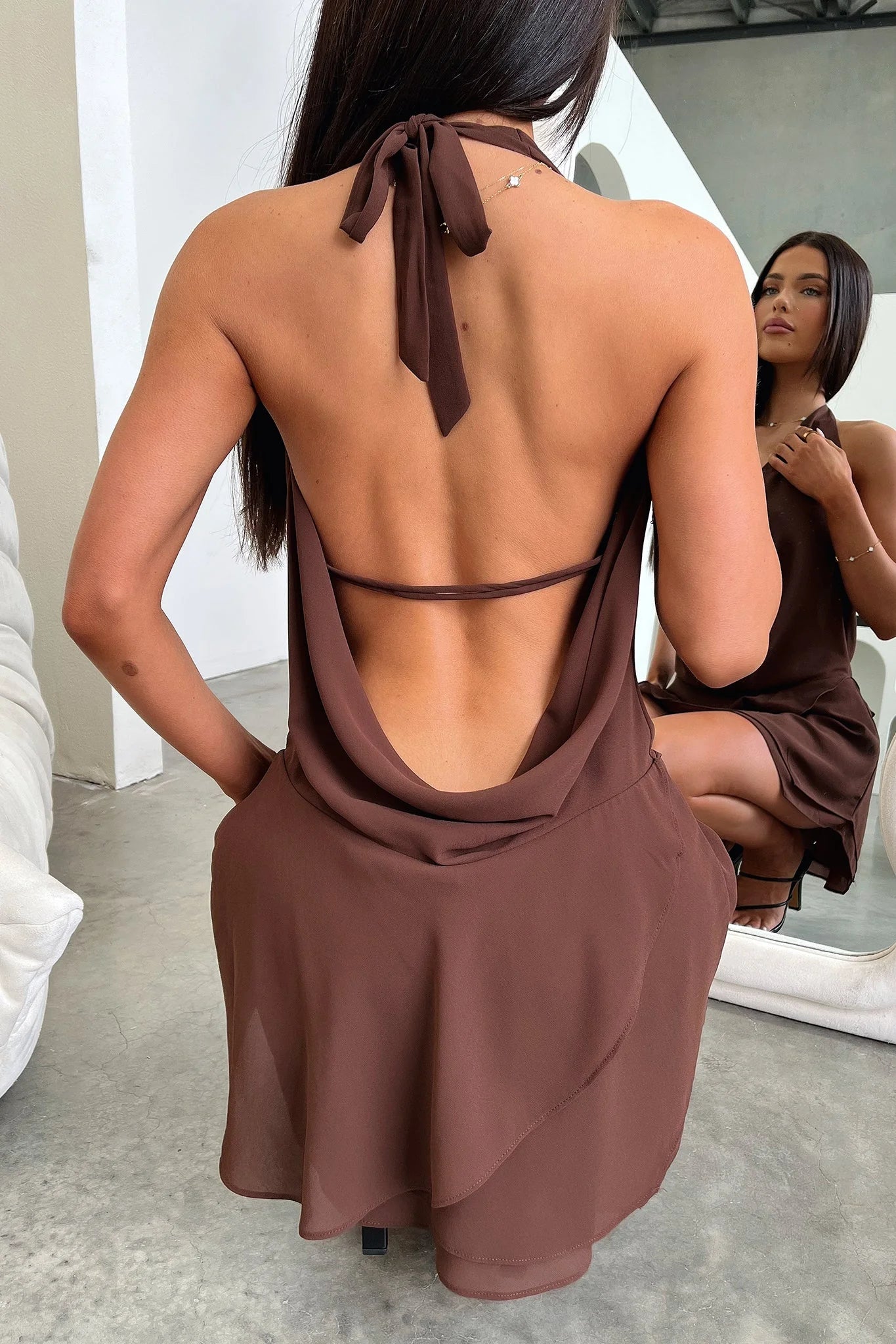 Cleo Plunge Cowl Neck Mini Dress - Brown