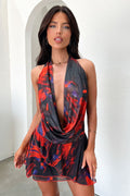 Cleo Plunge Cowl Neck Mini Dress - Black/Red